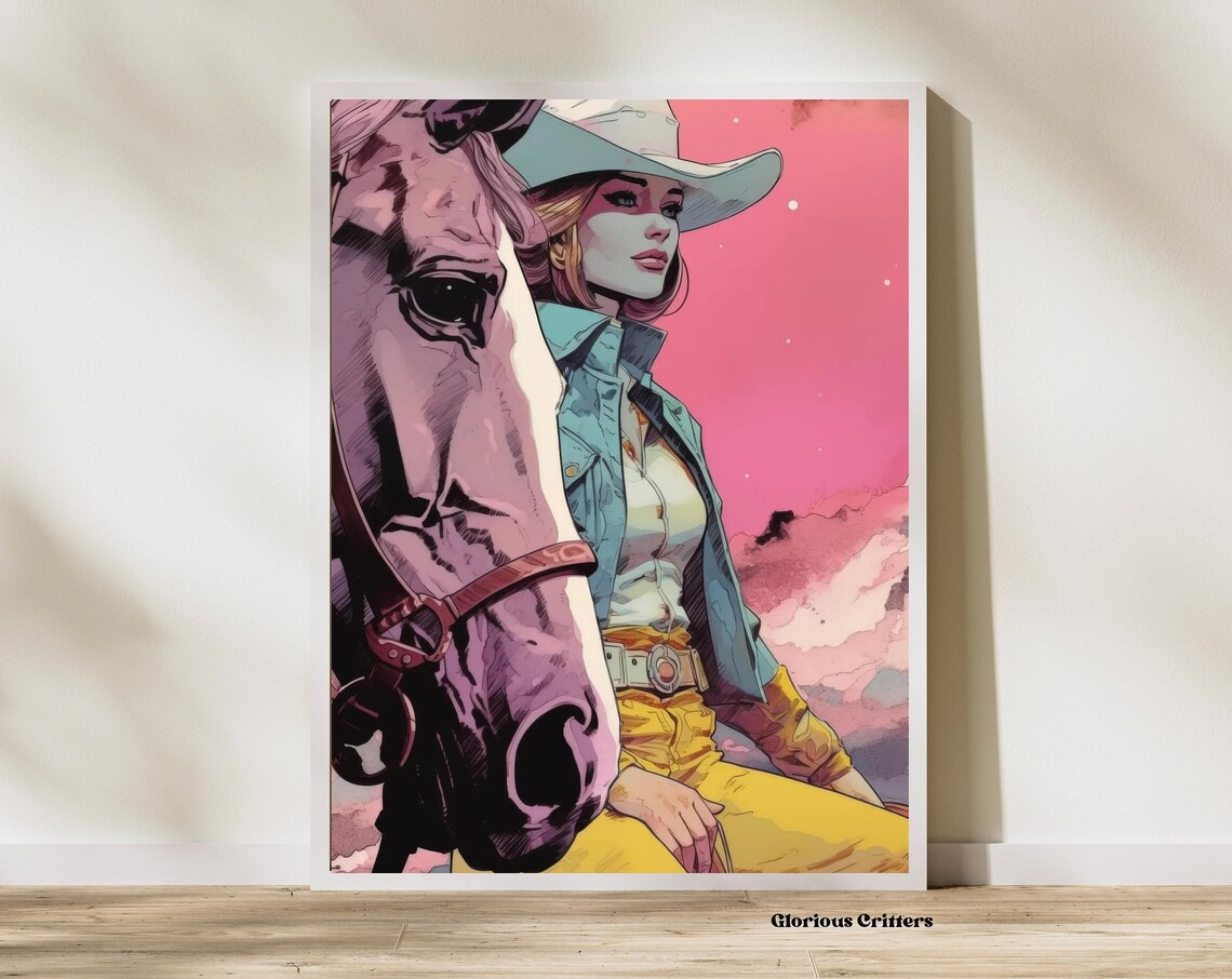 Cowgirl With Horse Pink Sunset Sky Western Illustration Art Poster