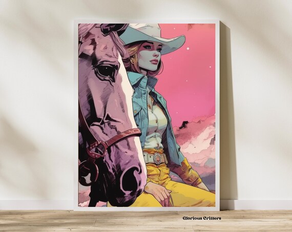 Cowgirl With Horse Pink Sunset Sky Western Illustration Art Poster