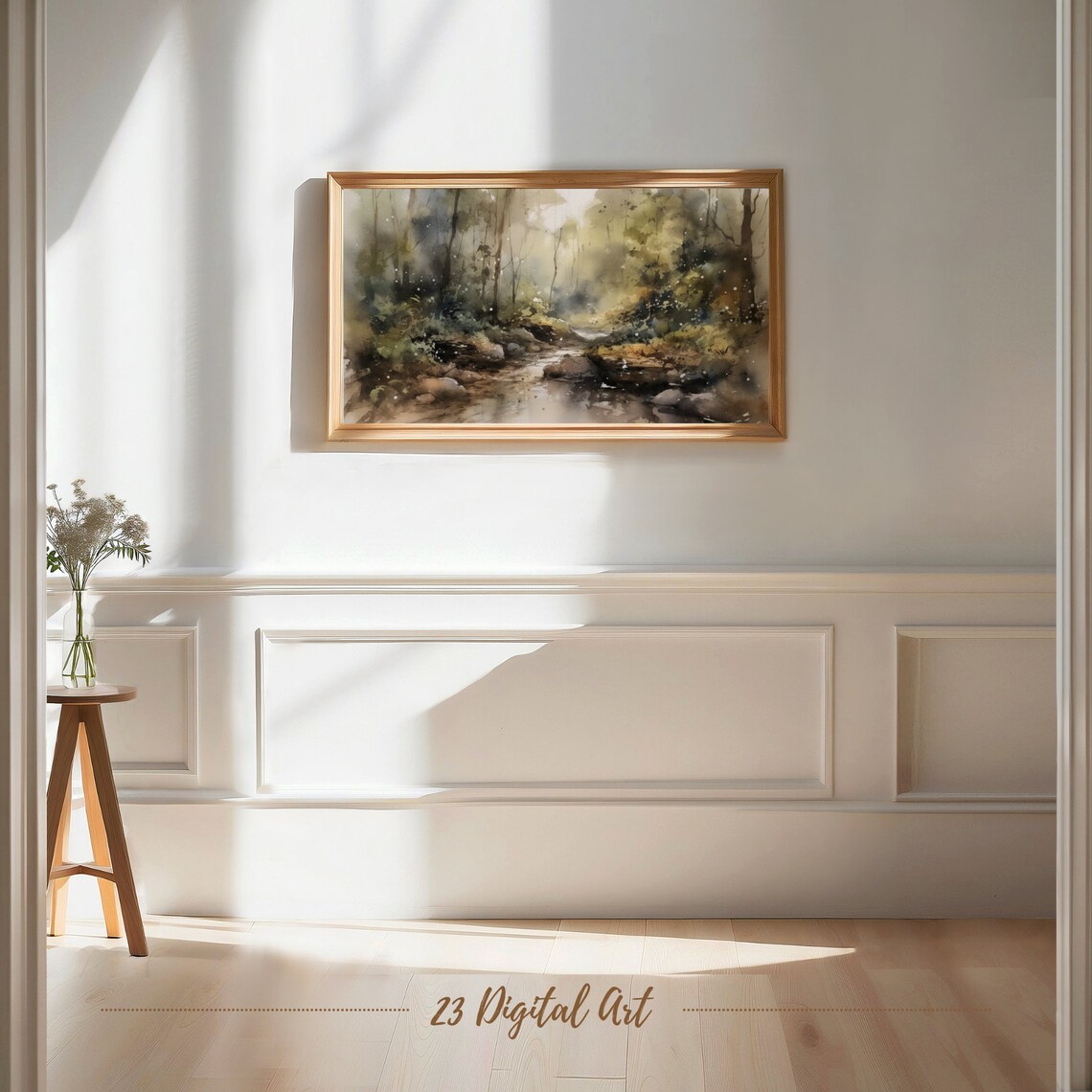 Frame Tv Art Moody Watercolour Painting Of The Summer Landscape Classic Neutral Summer Stream Botanical Green Earthy Summer Tv Art 122 - Image 7