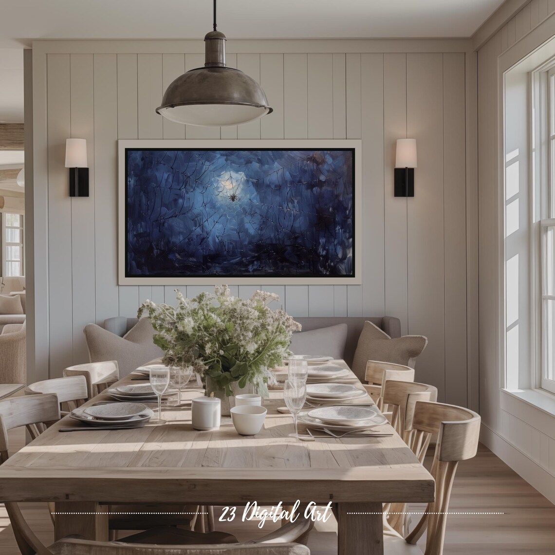 Spider Web Moonlight Blue Night Spooky Halloween Painting Frame TV Poster - Image 4