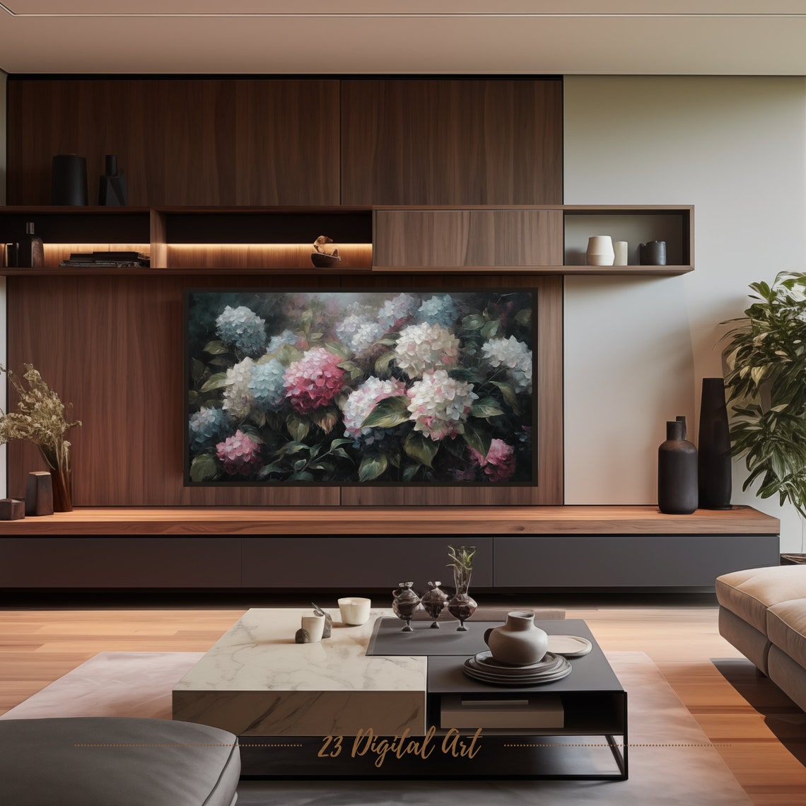 Hydrangea Garden Blue Pink White Blooms Classic Floral Art Print - Image 4