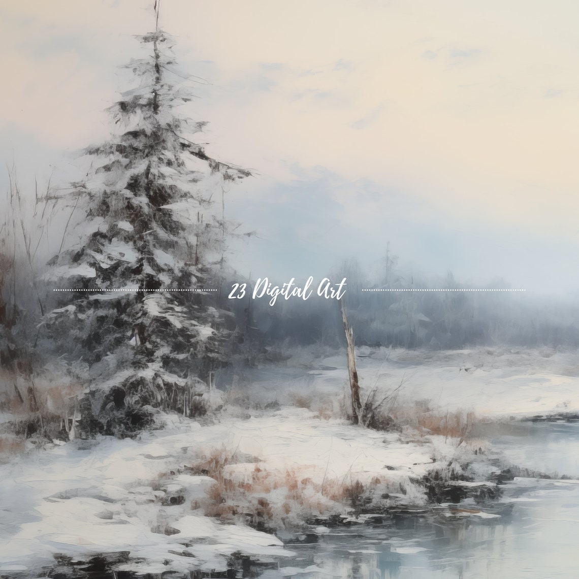 Snowy Winter Stream Pine Trees Misty Landscape Winter Art Poster - Image 3