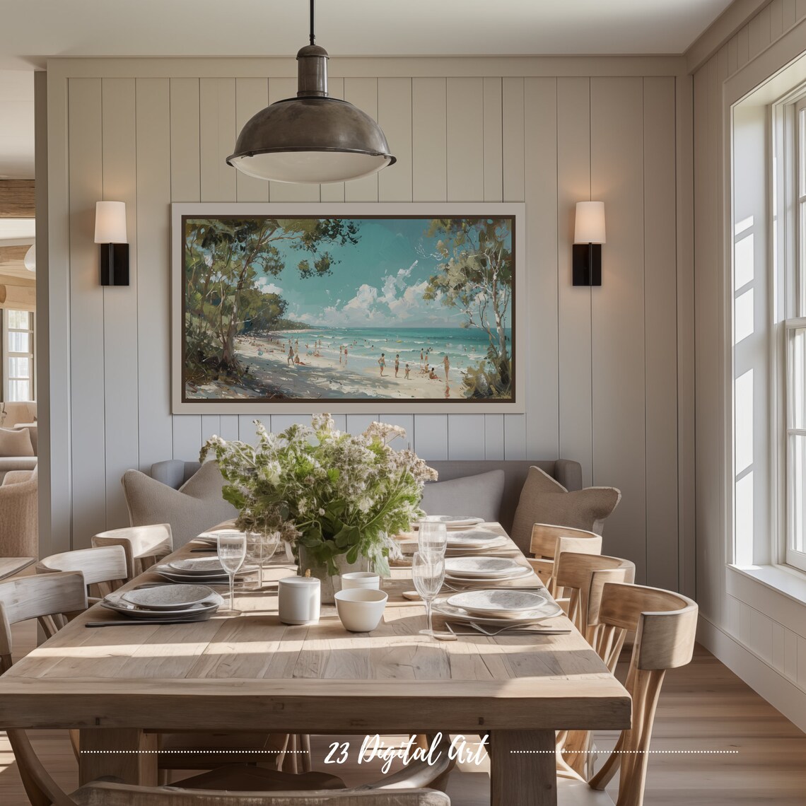 Frame Tv Art Summer Beach Tv Art Oil Painting People Enjoying At Coastal Beach Classic Summer Farmhouse Decor Tv Art 128 - Image 2