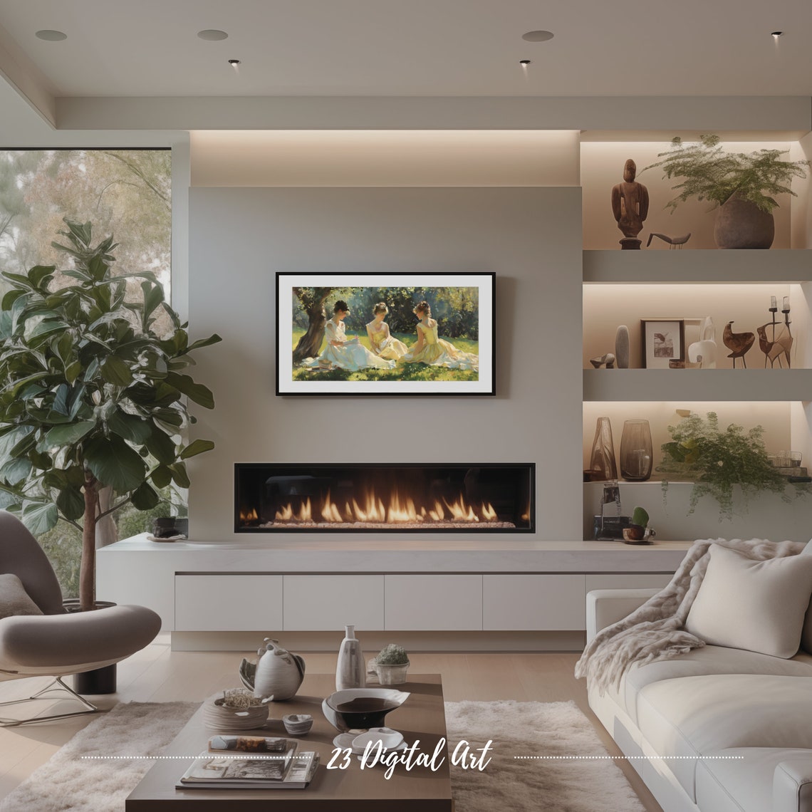 Frame Tv Art Summer Landscape Oil Painting Ladies Sitting In The Park Classic Neutral Country Earthy Green Garden Painting Tv Art 125 - Image 5
