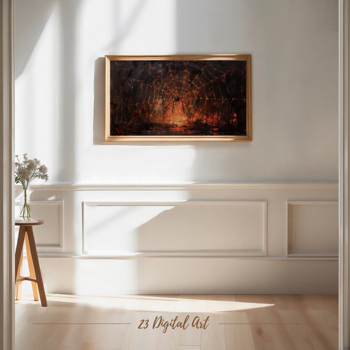 Giant Spider Web Fire Glow Spooky Halloween Night Painting Frame TV Poster - Image 7