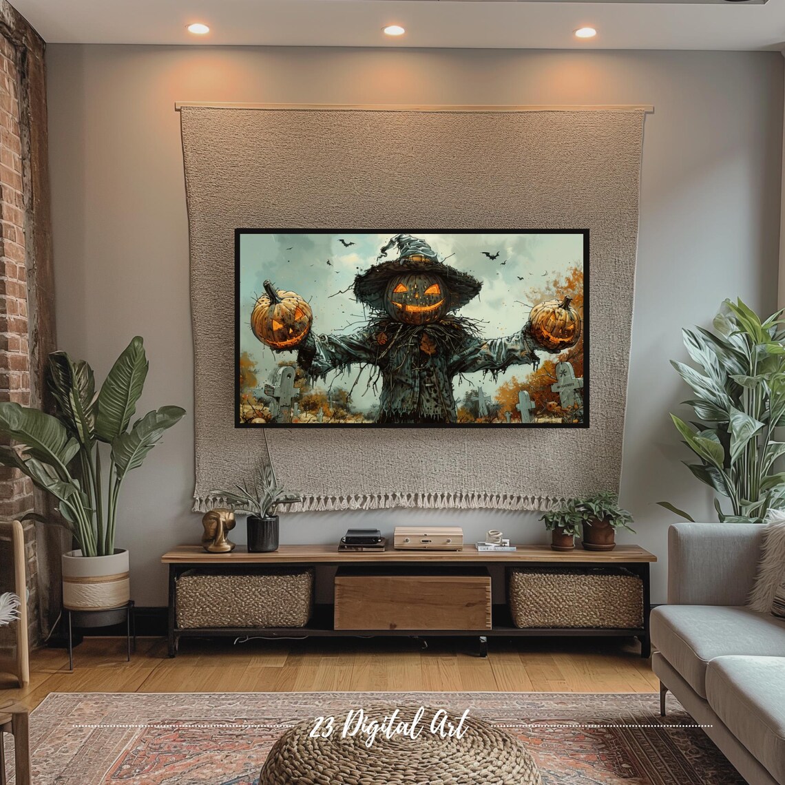 Halloween Pumpkin Head Scarecrow Glowing Jack-o-Lanterns Spooky Graveyard Poster - Image 5