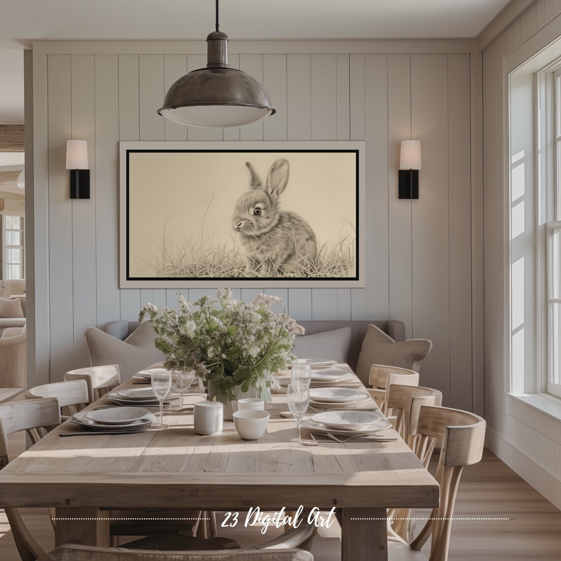 Bunny Rabbit Sketch Sepia Grass Vintage Pencil Drawing Frame TV Art Poster - Image 3
