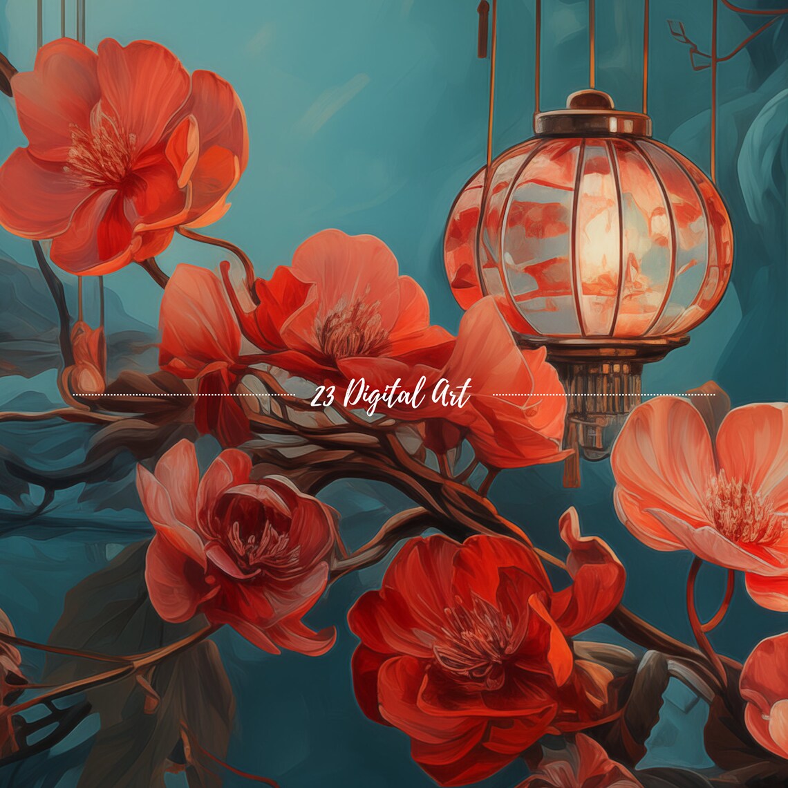 Chinese New Year Lanterns Red Blossoms Teal Night Floral TV Poster - Image 3