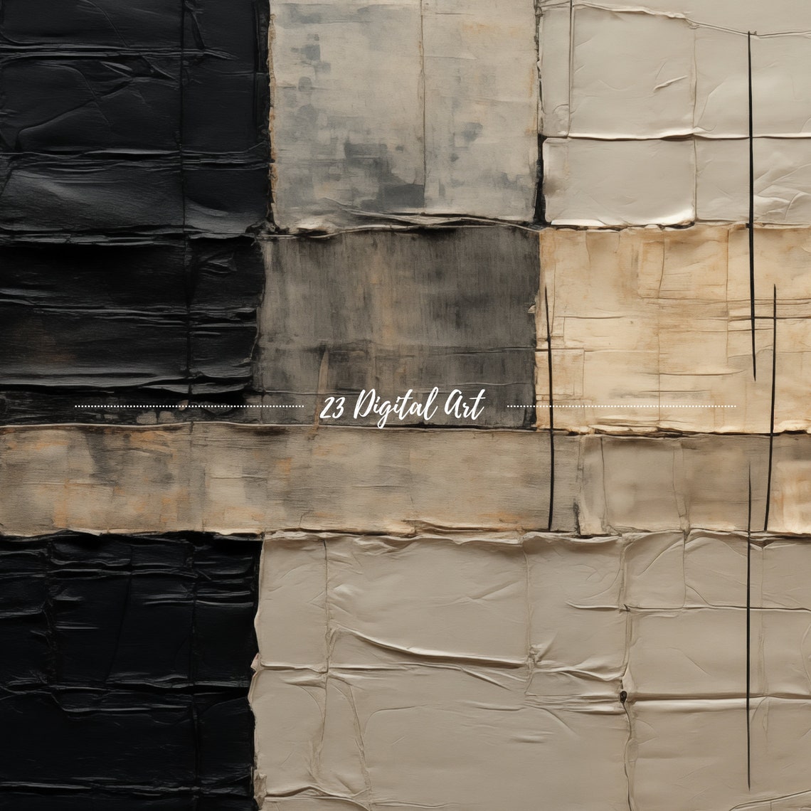 Textile Patch Abstract Black Cream Ochre Modern Collage Poster - Image 3
