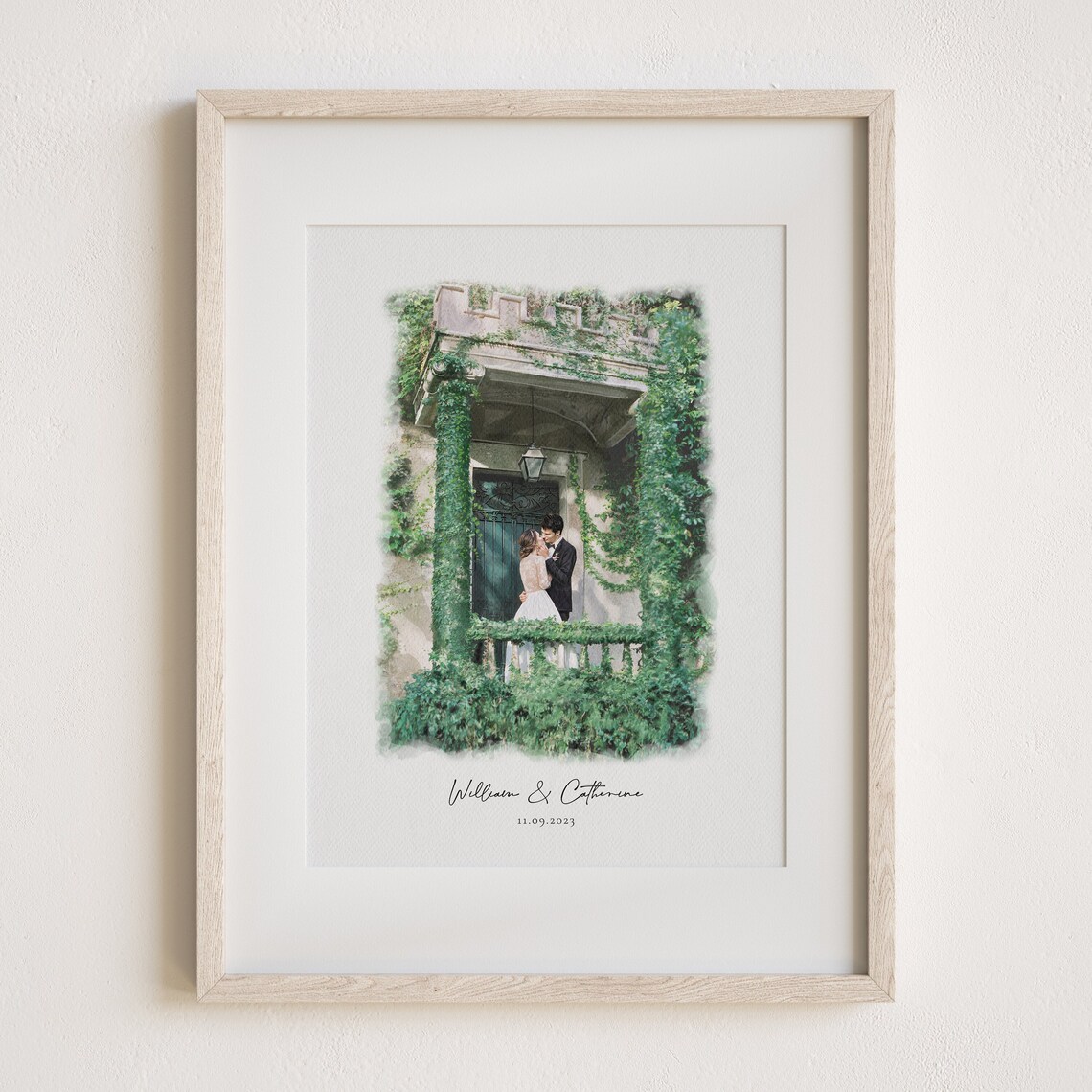 Personalized Watercolor Wedding Couple Portrait Print on Ivy Porch