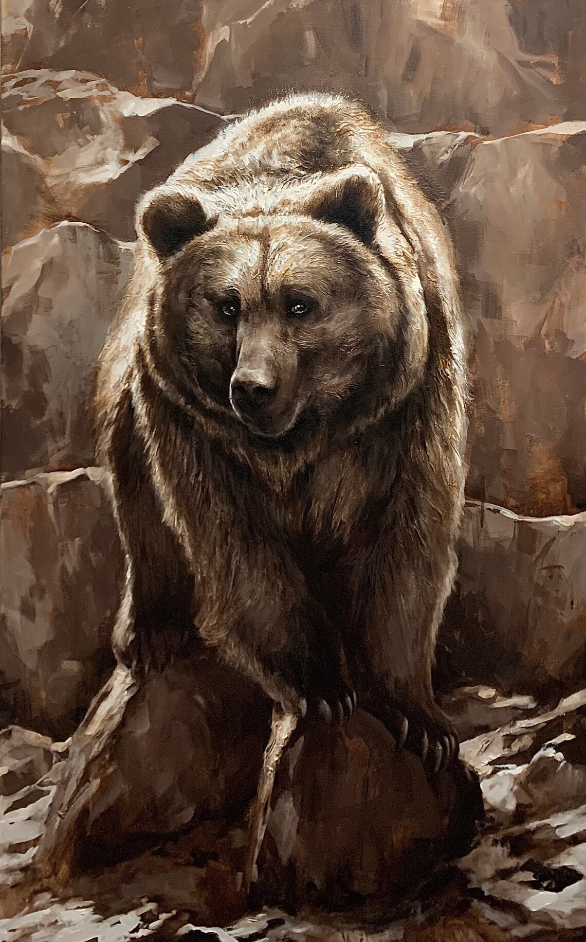 Grizzly Bear Standing On Rocky Cliff Wildlife Oil Painting Poster