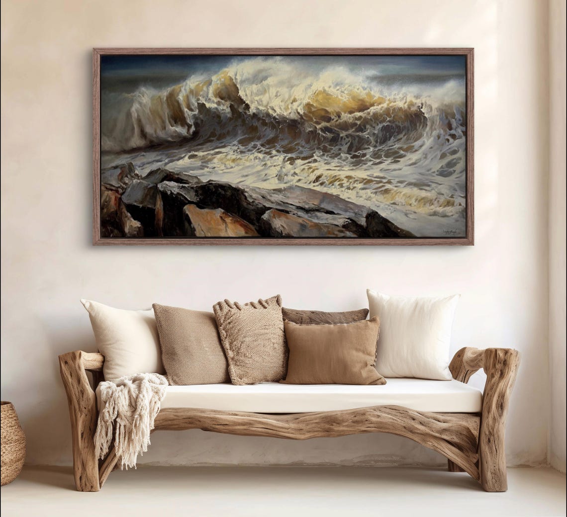 Powerful Dark Ocean Waves Crashing Over Rocks Golden Foam Poster - Image 4