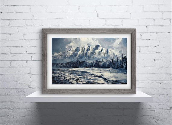Banff Snowy Mountain Range With Frozen Lake Under Winter Clouds Poster