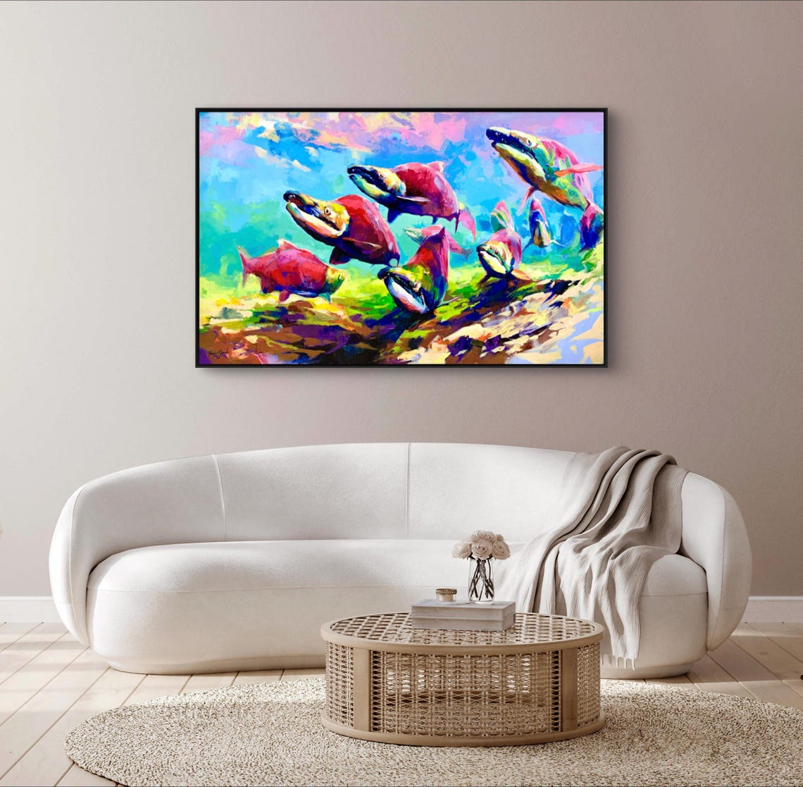Colorful Salmon Run Abstract Fish Oil Painting Wildlife Poster - Image 2