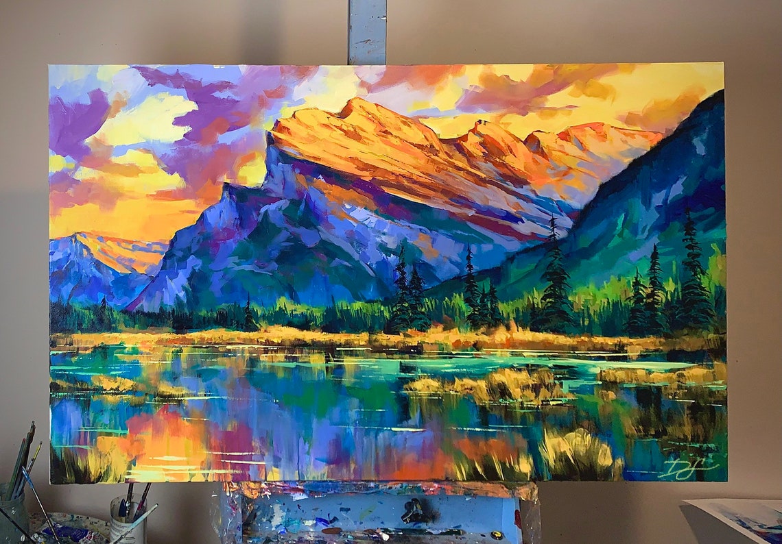 Vivid Sunset Mountain Lake Reflection Oil Painting Landscape Poster