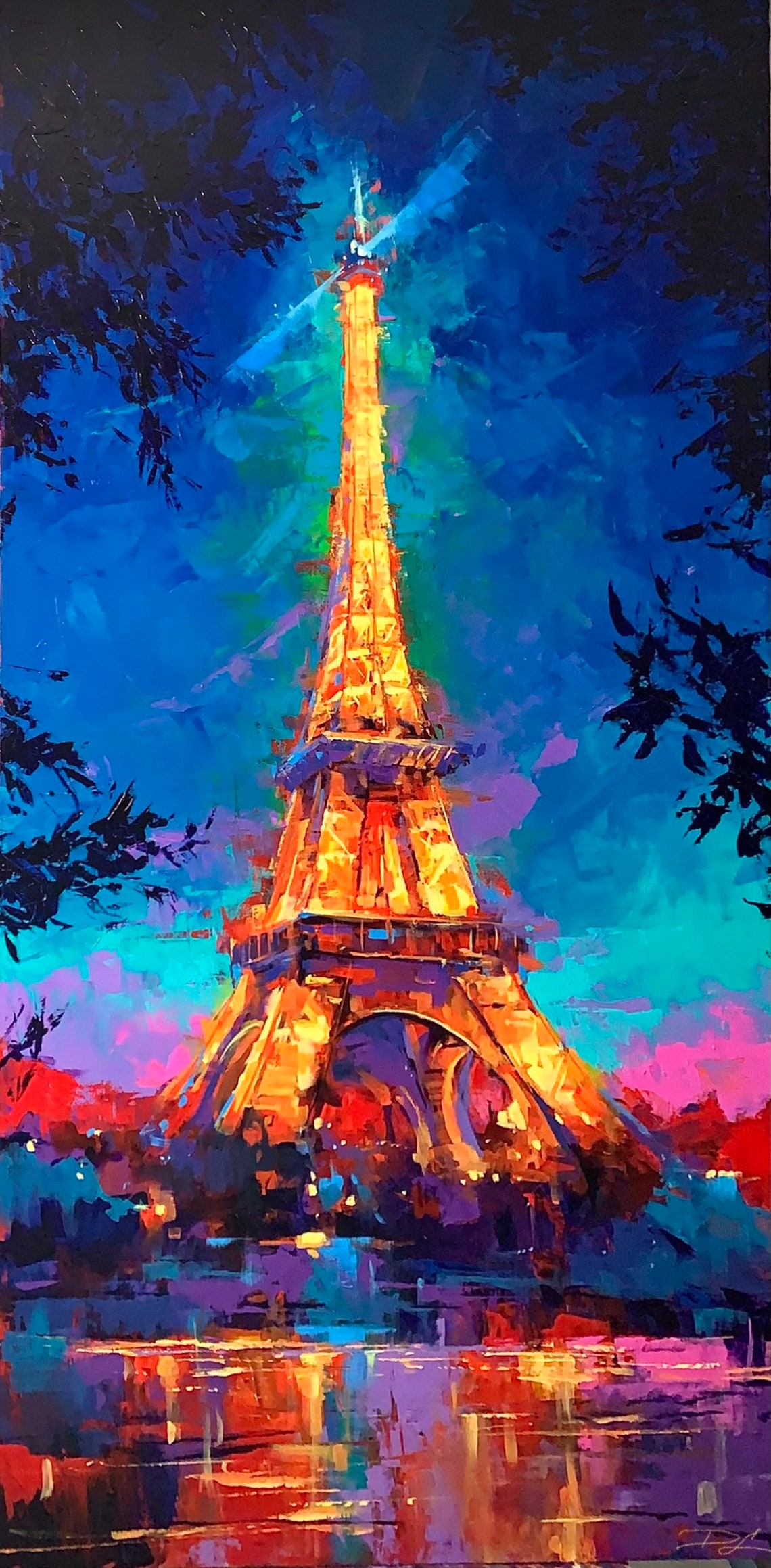 Eiffel Tower Paris At Night Neon Blue And Gold Cityscape Poster - Image 2