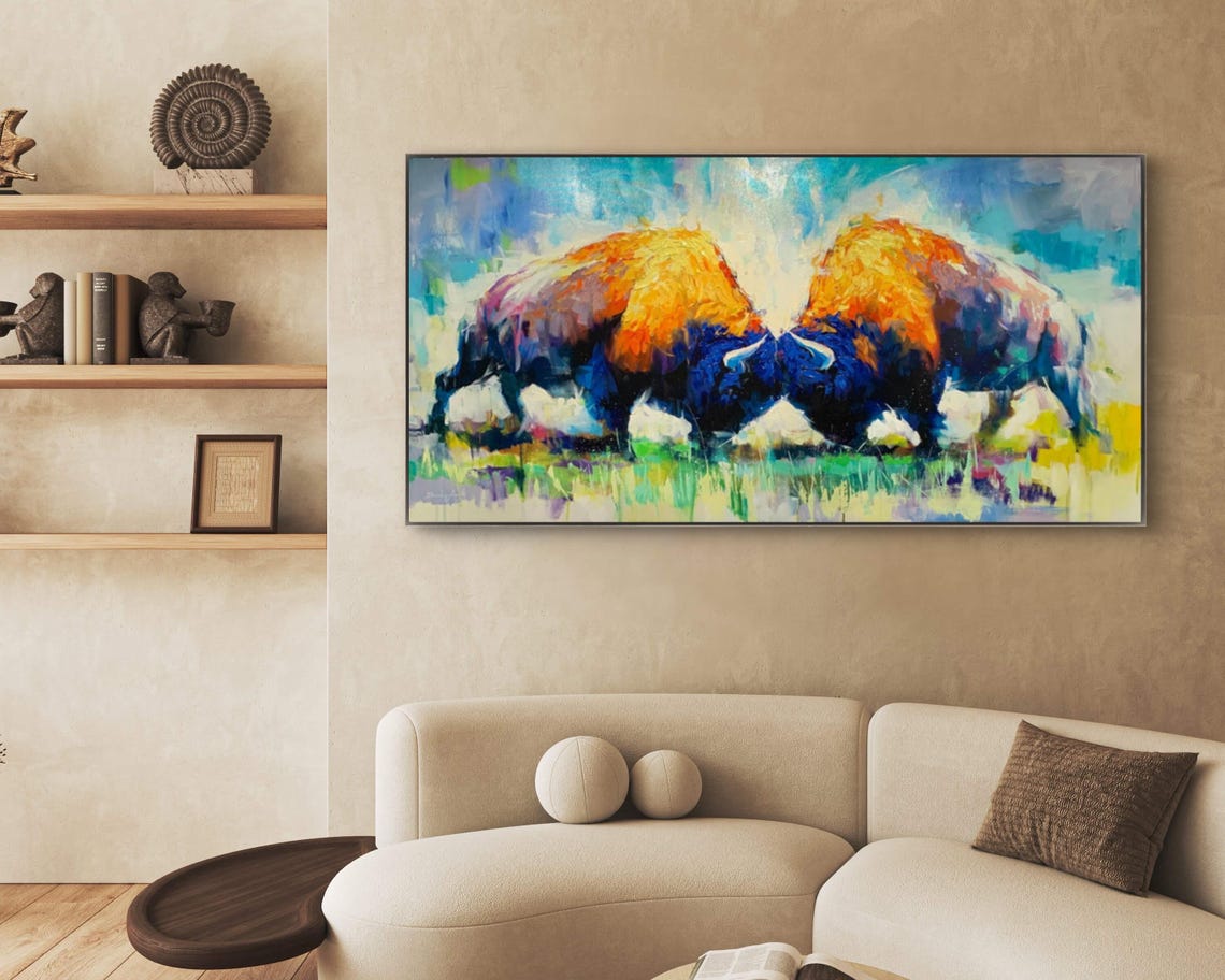 Two Bison Facing Off in Colorful Prairie Wildlife Oil Painting Poster