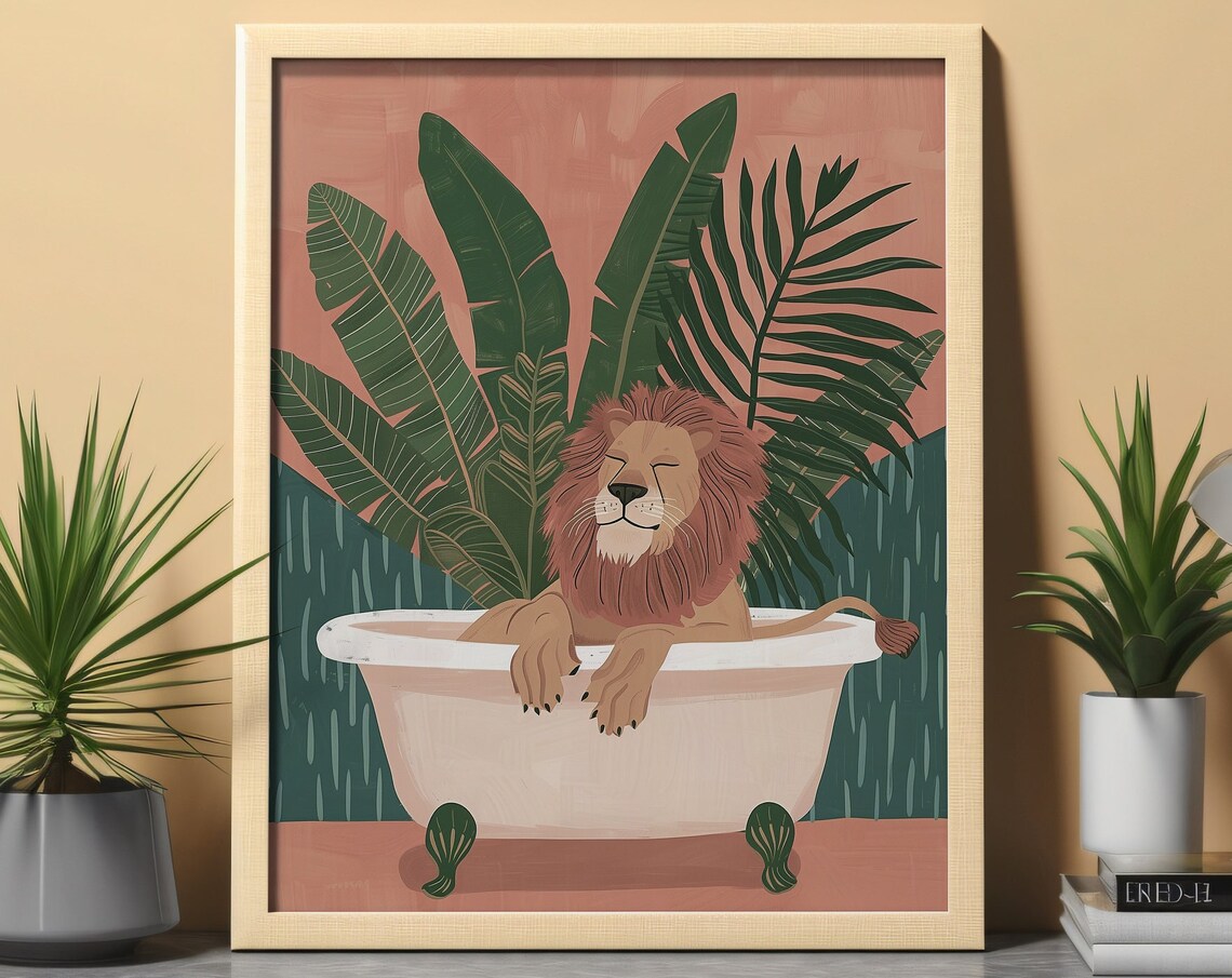 Lion In Bathtub Jungle Animal Art Print
