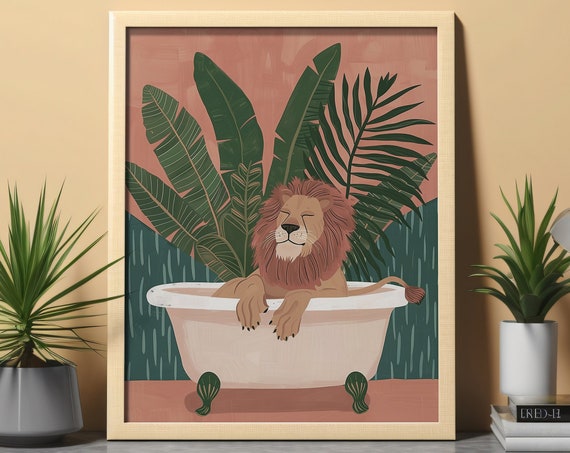 Lion In Bathtub Jungle Animal Art Print