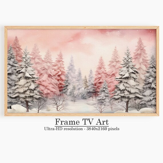 Blush Pink Snowy Winter Trees Watercolor Frame TV Art Poster