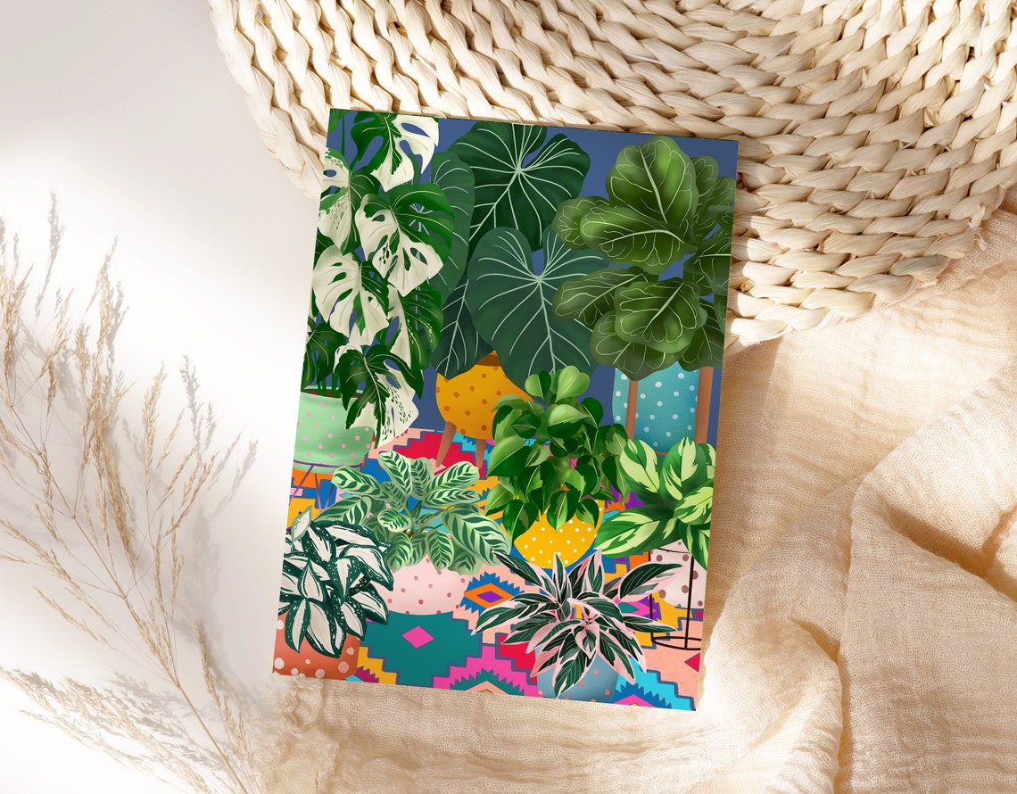 Dense Tropical Leaves with Yellow Pots on a Bold Blue Backdrop Poster - Image 2