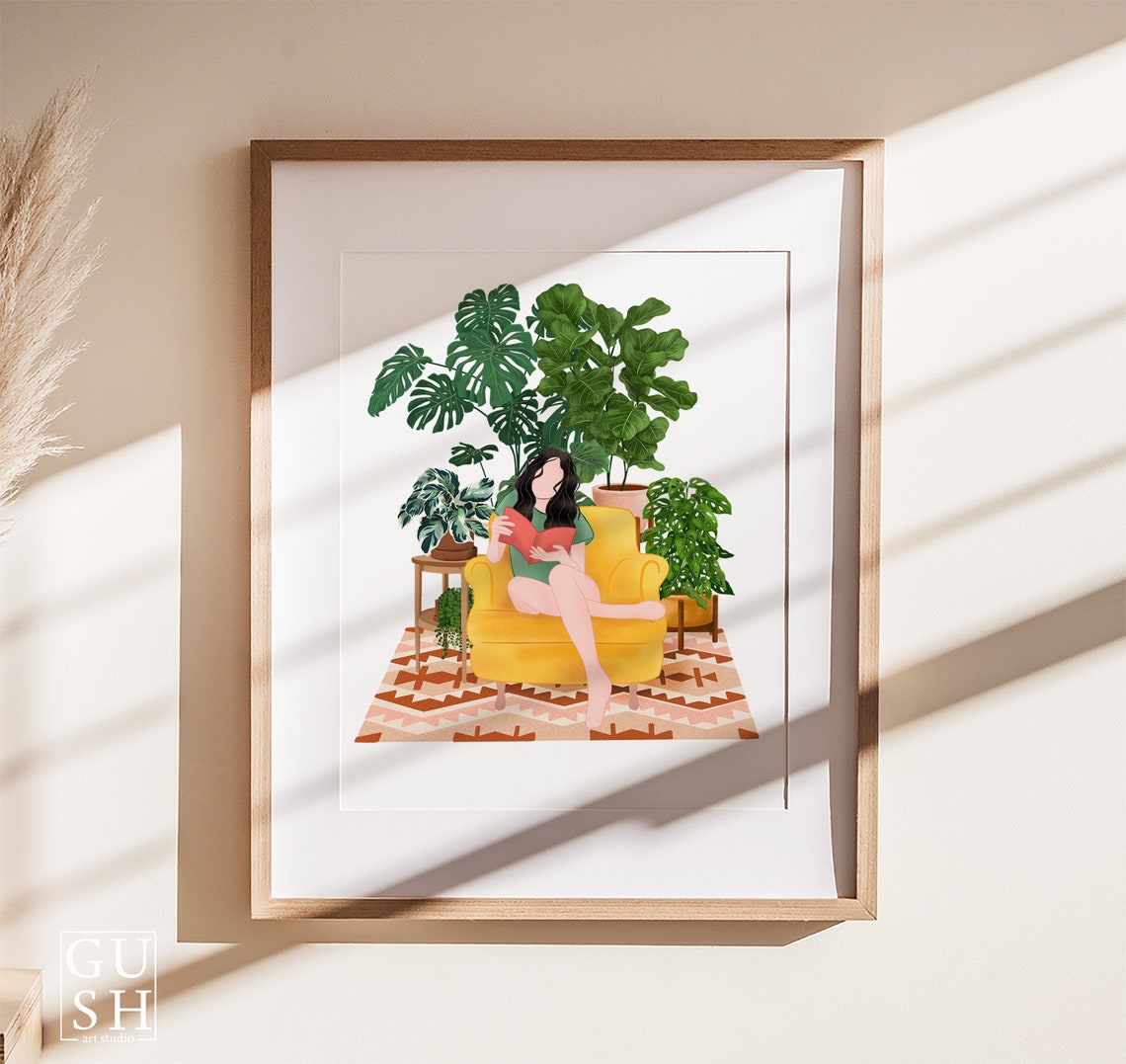 Brunette Plant Lady Reading on a Yellow Armchair with Monstera Poster