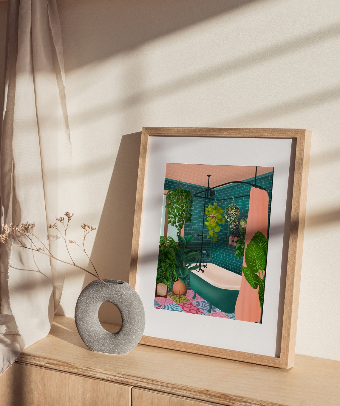 Teal Tiled Bathroom With Clawfoot Tub And Lush Plants Art Poster - Image 2