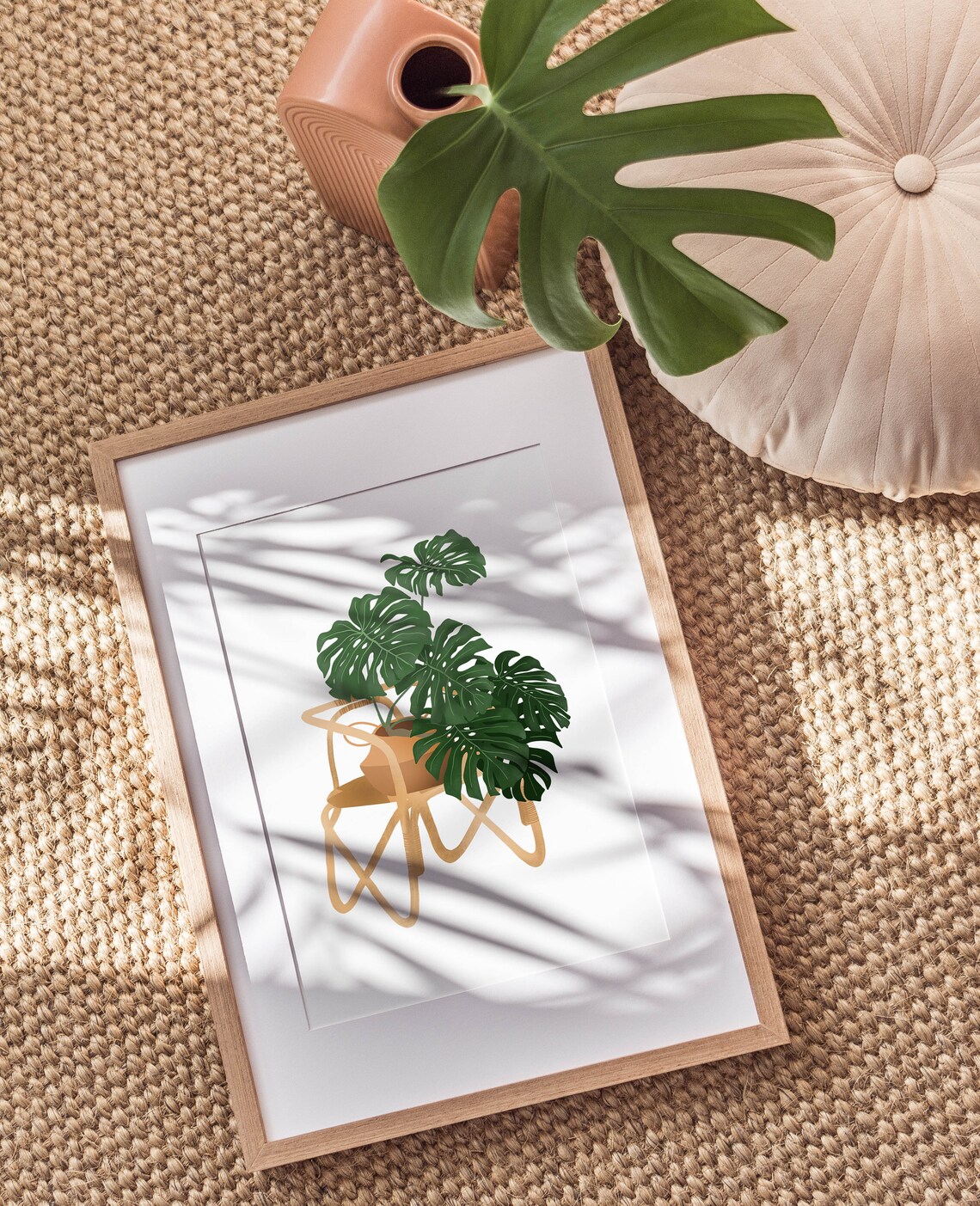 Monstera Deliciosa in a Terracotta Pot on a Rattan Plant Stand Poster - Image 3