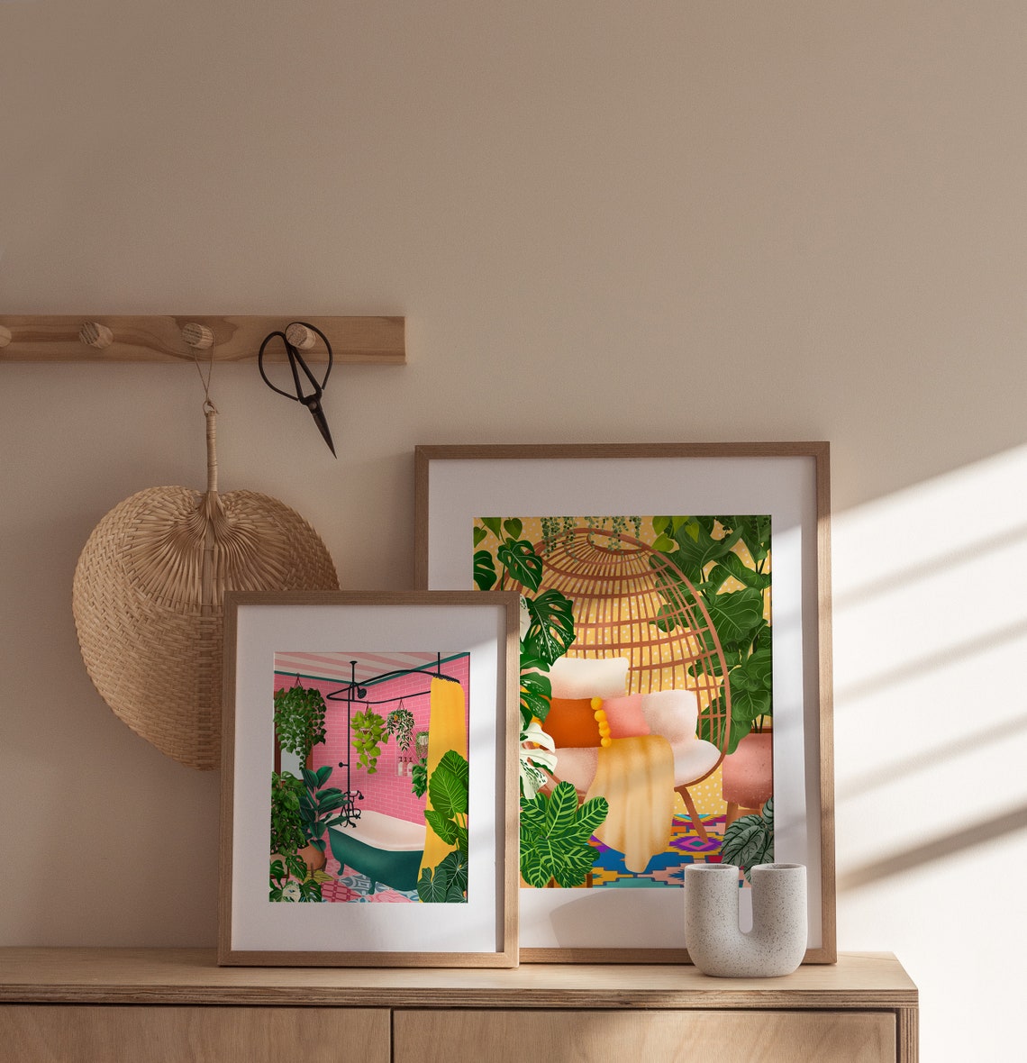 Pink Tiled Bathroom With Clawfoot Tub And Hanging Plants Art Poster - Image 2