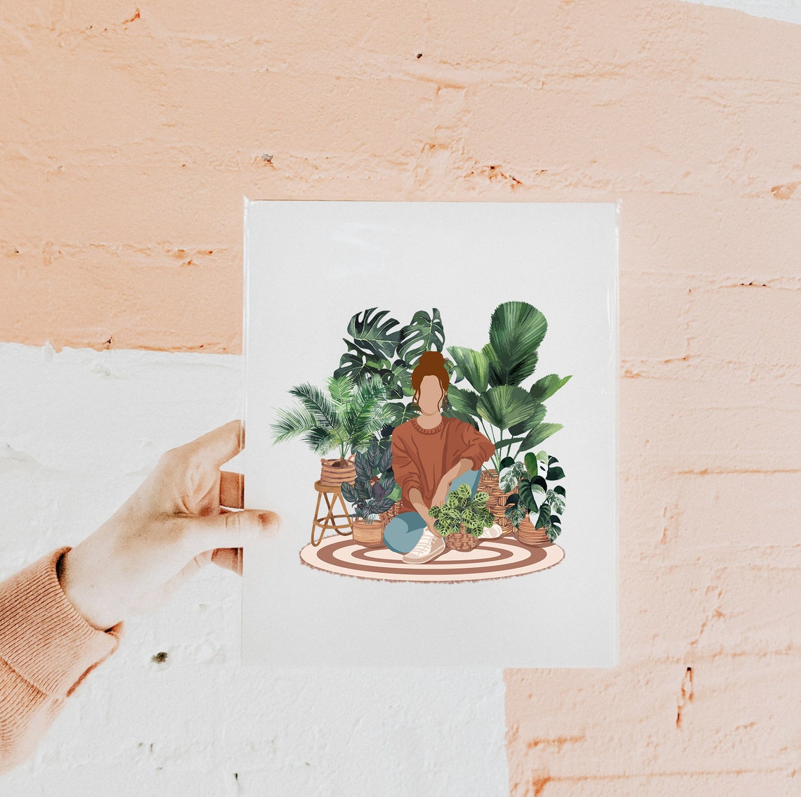 Plant Lady Relaxing Among Houseplants Print Woman On Round Rug - Image 3