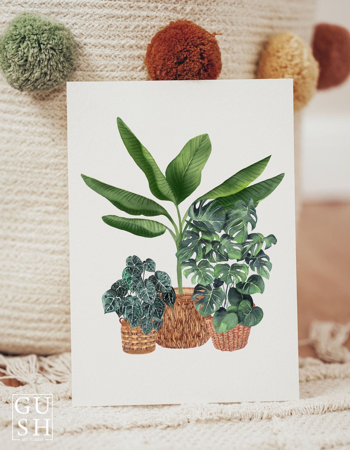 Banana Monstera Trio In Wicker Baskets Watercolor Botanical Poster - Image 2