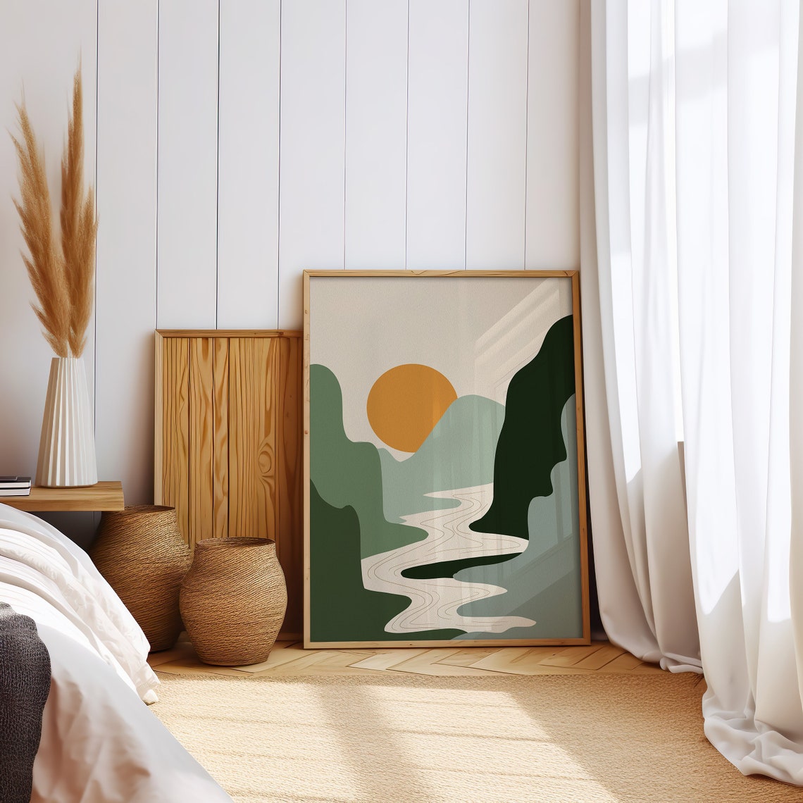 Sage Green Mountain Landscape Poster Orange Sun Winding River - Image 2