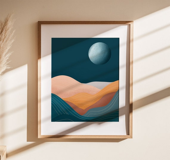 Boho Moon Landscape Print Blue Wall Art Landscape Art Print Boho Art Prints Mid Century Modern Desert Print Minimalist Print