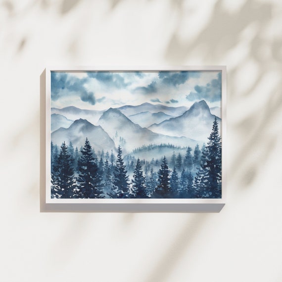 Blue Misty Mountains Original Watercolor Painting A3 Watercolor Landscape Nature Wall Art Minimalistic Wall Decor Foggy Mountains Art