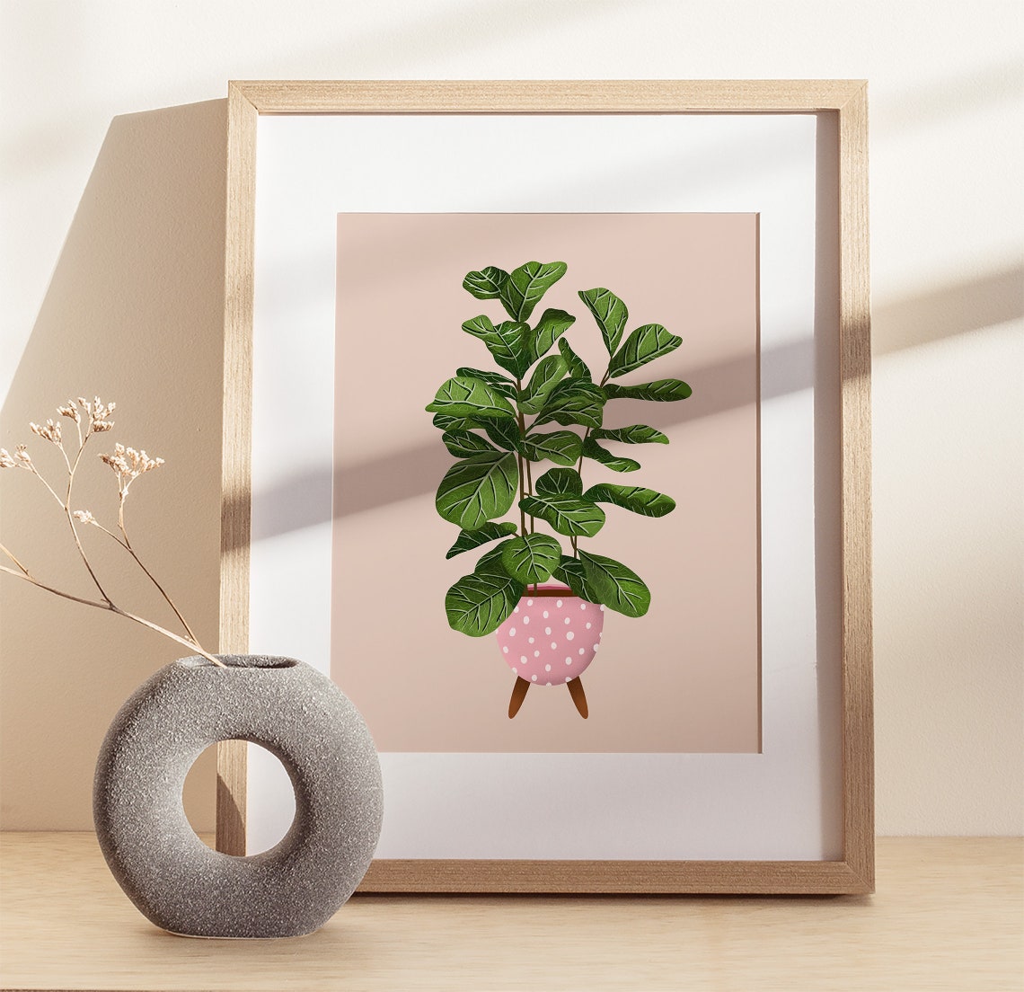 Fiddle Leaf Fig Print Pink Dotted Pot Blush Background Minimal Decor