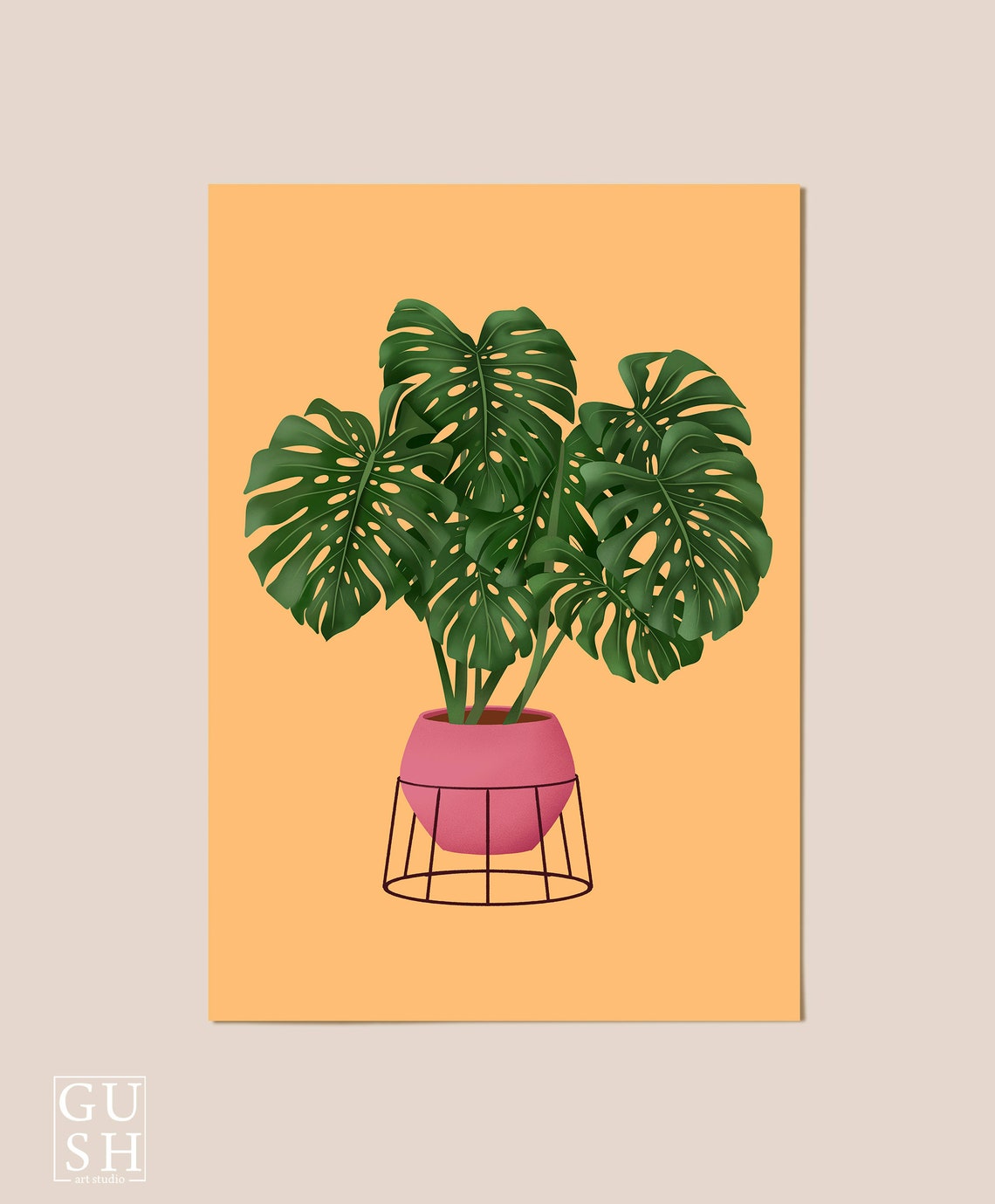 Monstera Deliciosa Print Pink Pot Wire Stand Mustard Background - Image 3