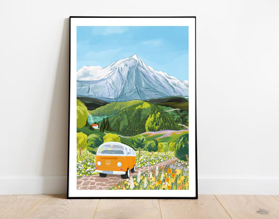 Orange Campervan Mountain Flower Meadow Travel Adventure Poster