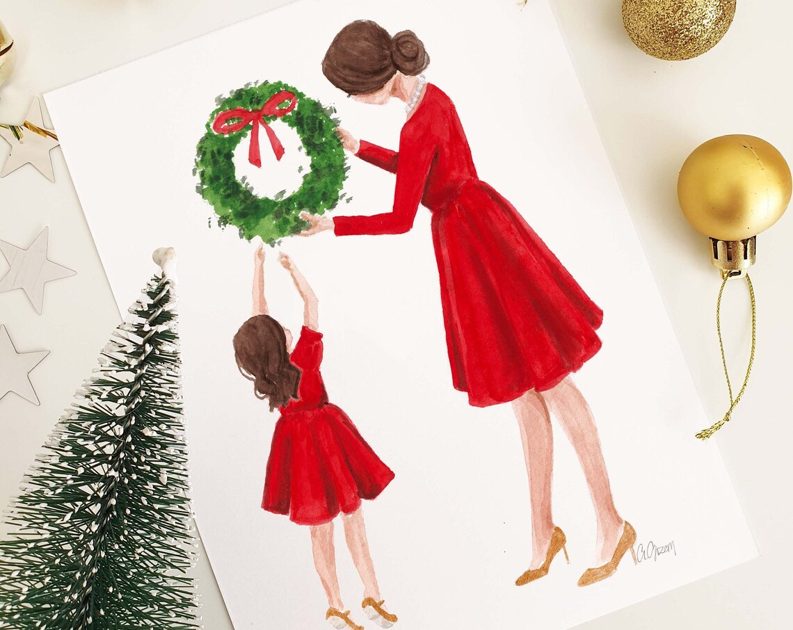 Mother and Daughter Hanging Christmas Wreath in Red Dresses Poster