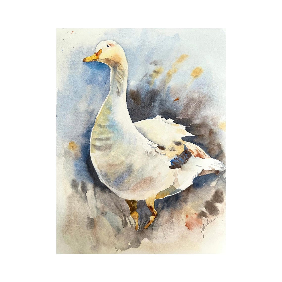 Graceful White Goose in a Soft Blue Wash Watercolor Bird Poster