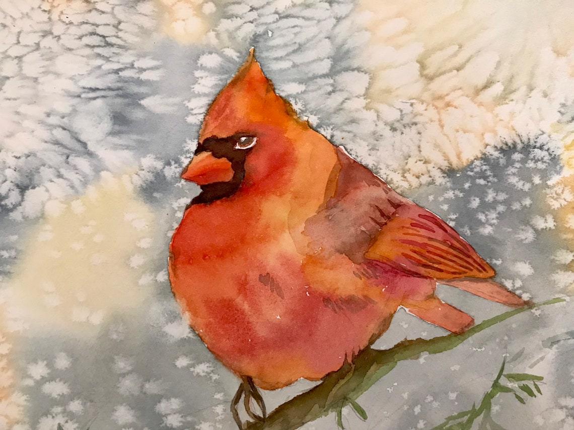 Red Northern Cardinal in Winter Watercolor Christmas Bird Poster - Image 2