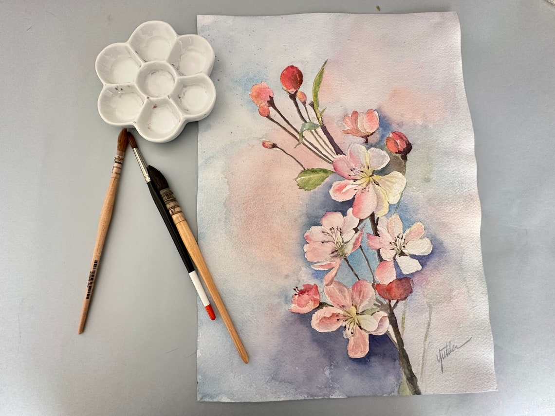 Pink Cherry Blossom Branch on Pastel Watercolor Spring Floral Poster - Image 4