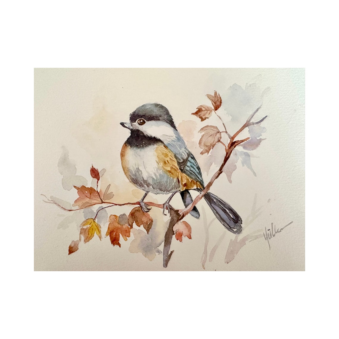 Chickadee Bird Perched on Autumn Branch Watercolor Painting Poster
