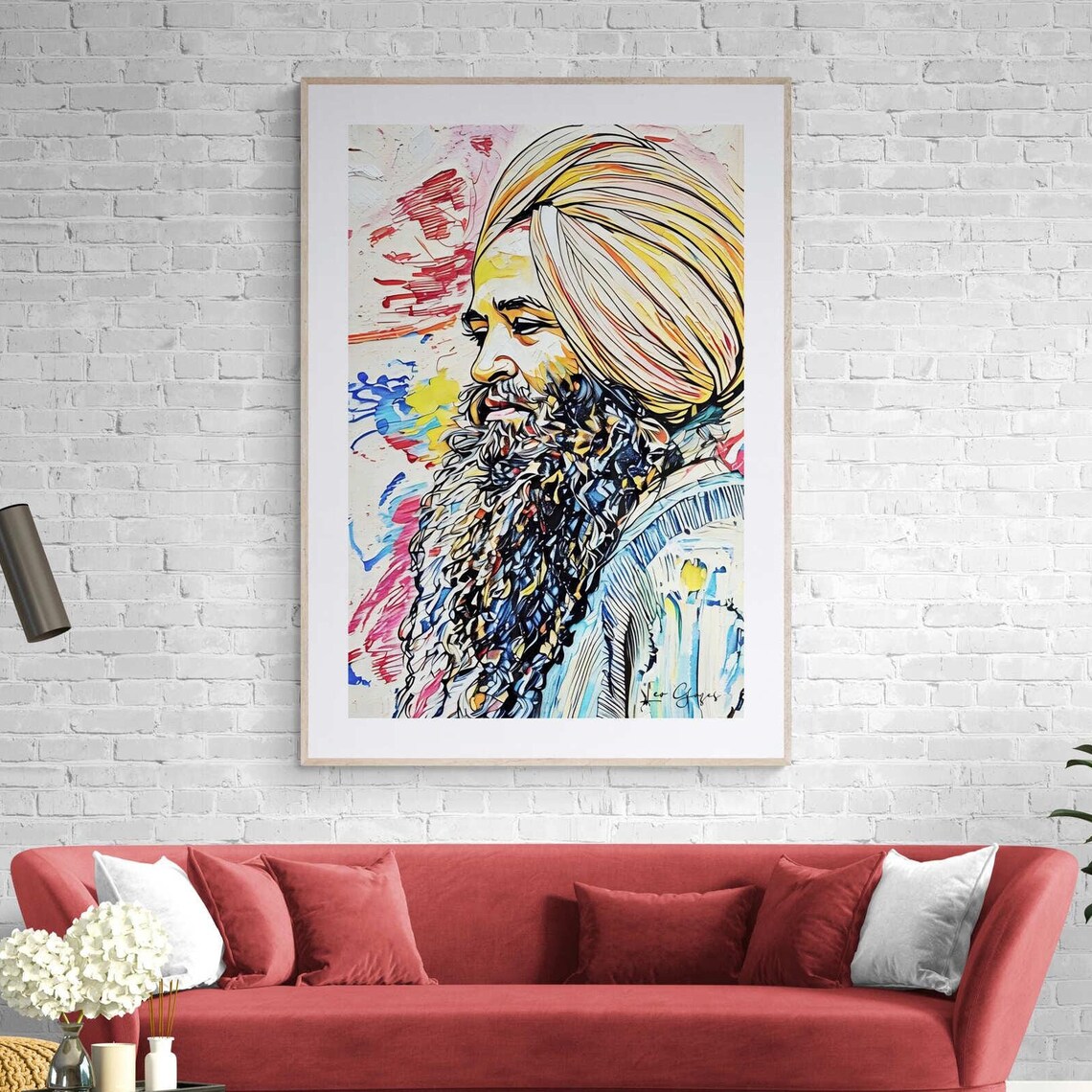Bearded Man in a Turban Colorful Abstract Line Portrait Art Print - Image 5