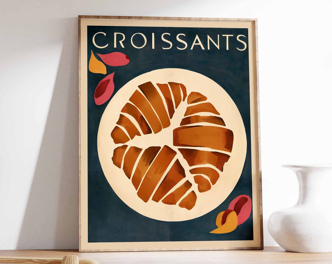 Two Croissants Plate Dark Teal Background Kitchen Art Poster
