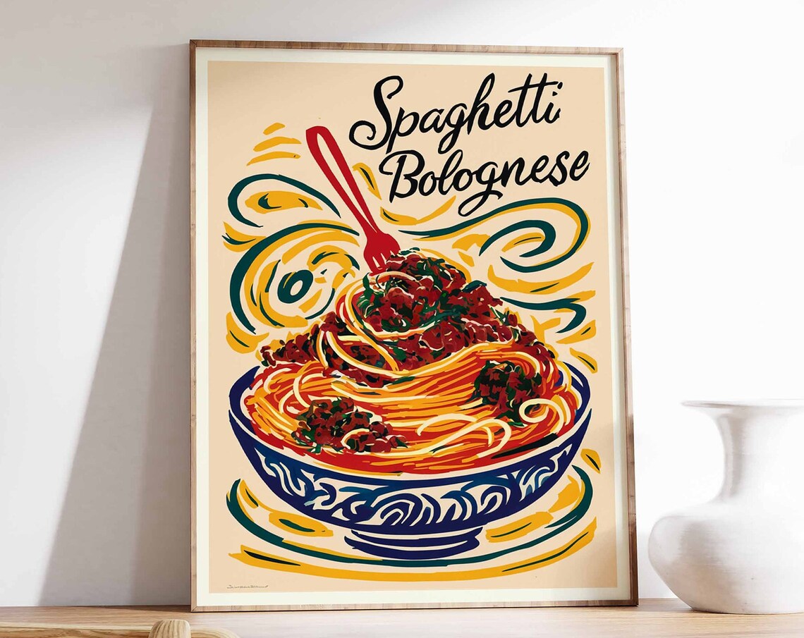 Spaghetti Bolognese Twirl Blue Bowl Script Lettering Food Poster