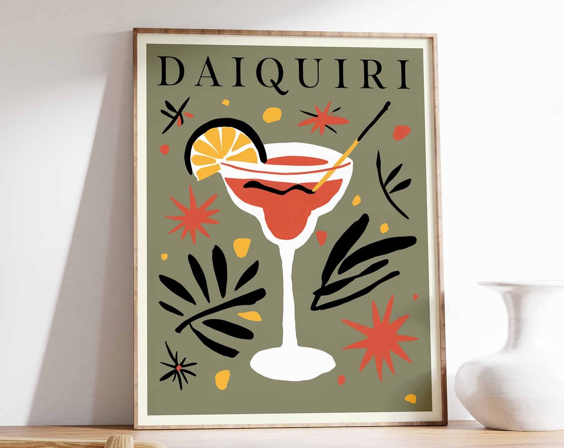 Daiquiri Tropical Cocktail Leaf Pattern Retro Bar Art Poster