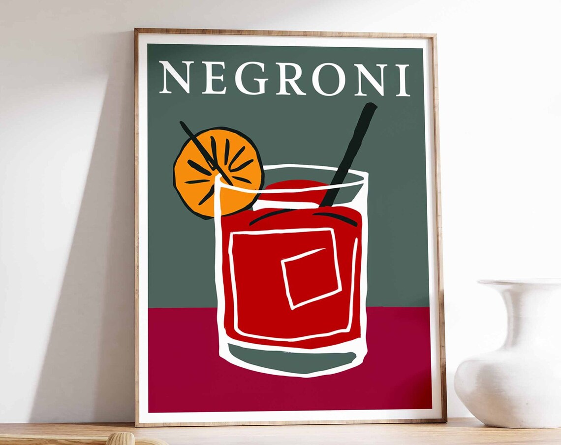 Negroni Cocktail Orange Garnish Green Crimson Retro Bar Poster