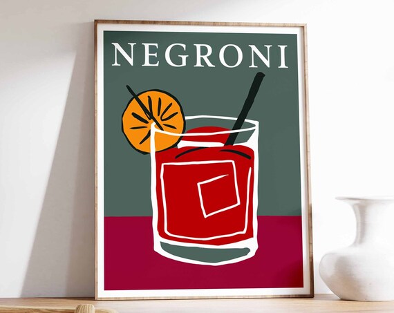 Negroni Cocktail Orange Garnish Green Crimson Retro Bar Poster