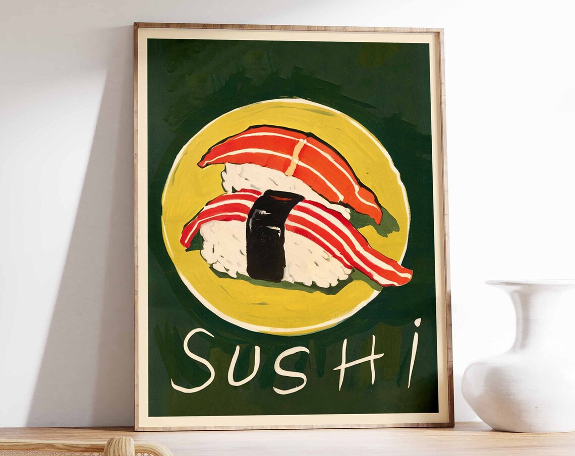 Salmon Nigiri Sushi Hand Painted Yellow Plate Food Art Poster