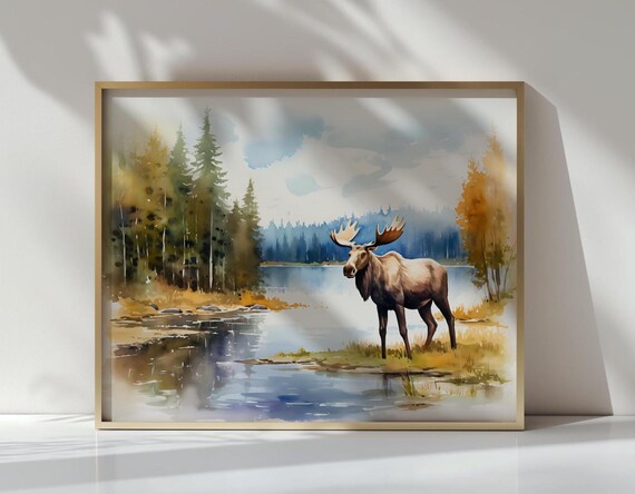 Moose Standing By The Quiet Lakeshore Forest Watercolor Poster